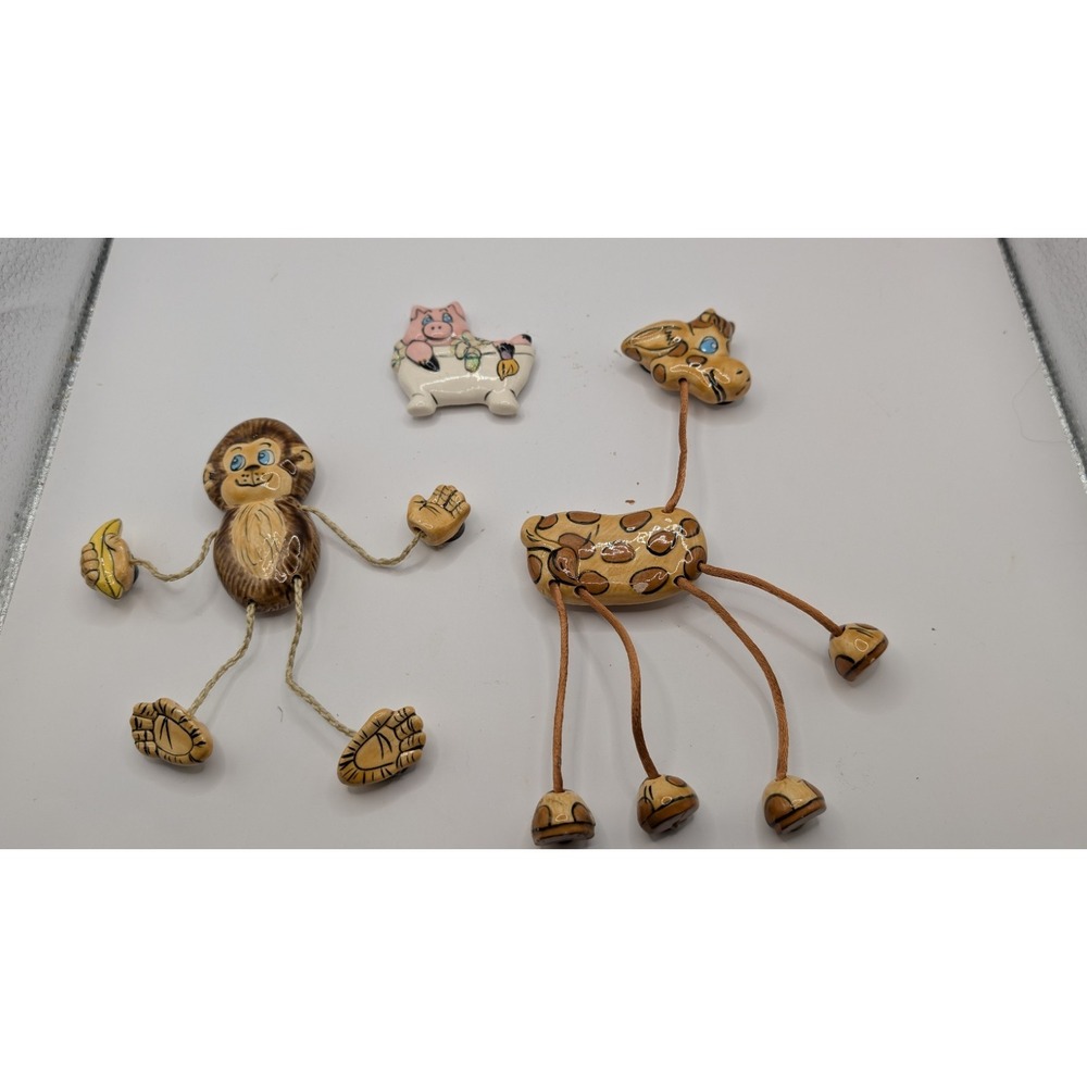 Vintage Whimsical Ceramic Fridge Magnets Lot of 3 - Monkey, Giraffe & Tub in Pig